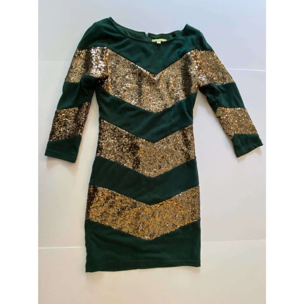Gianni Bini Emerald Green and Gold Sequin Chevron Mini Dress